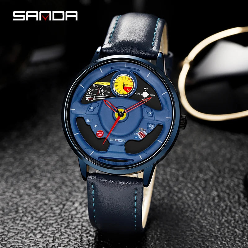 P1085 Fashion Men'S Watch Innovative Skeleton Car Steering Wheel Waterproof Stainless Steel Chronograph Quartz Wristwatch