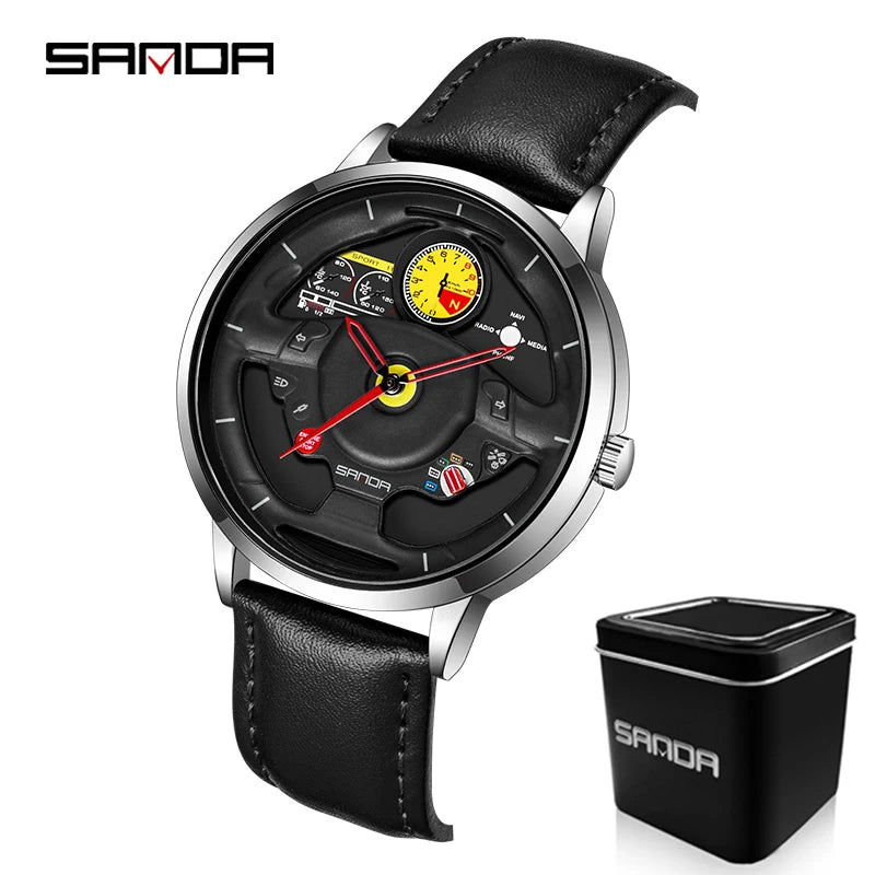 P1085 Fashion Men'S Watch Innovative Skeleton Car Steering Wheel Waterproof Stainless Steel Chronograph Quartz Wristwatch