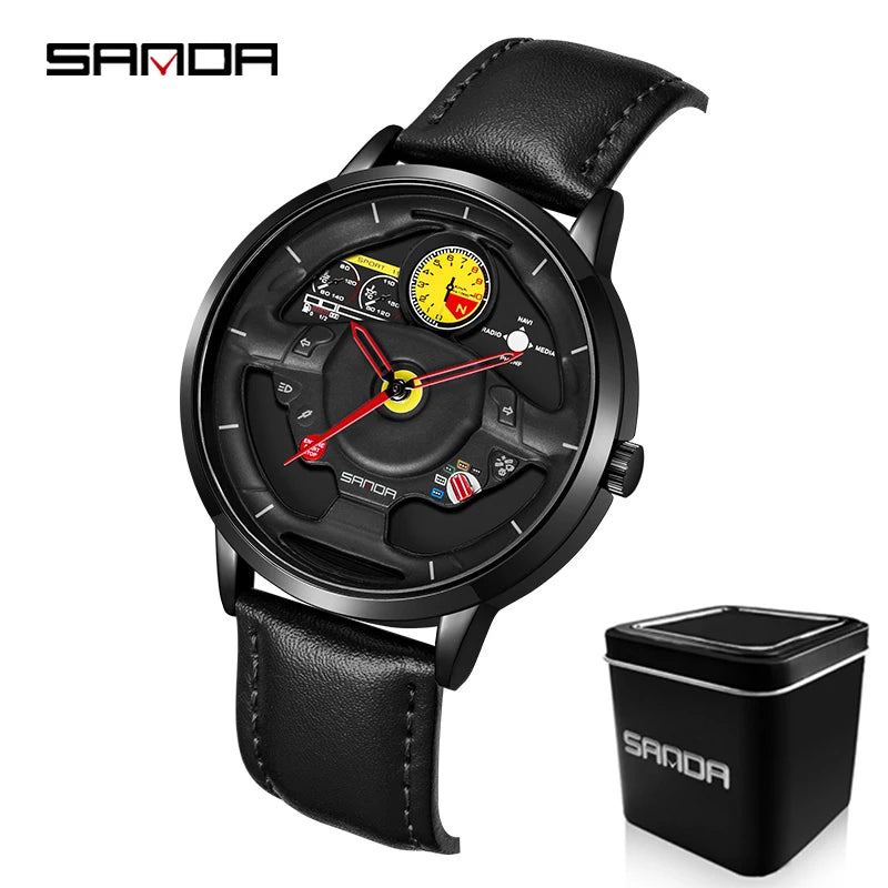 P1085 Fashion Men'S Watch Innovative Skeleton Car Steering Wheel Waterproof Stainless Steel Chronograph Quartz Wristwatch