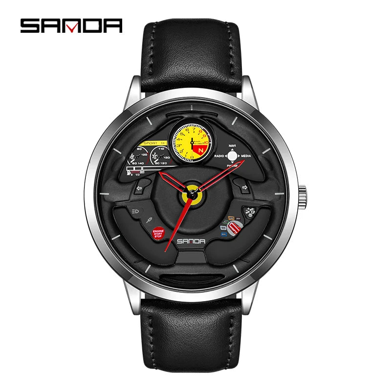 P1085 Fashion Men'S Watch Innovative Skeleton Car Steering Wheel Waterproof Stainless Steel Chronograph Quartz Wristwatch