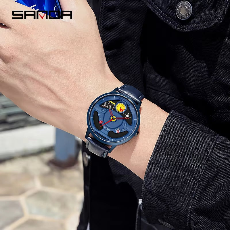 P1085 Fashion Men'S Watch Innovative Skeleton Car Steering Wheel Waterproof Stainless Steel Chronograph Quartz Wristwatch