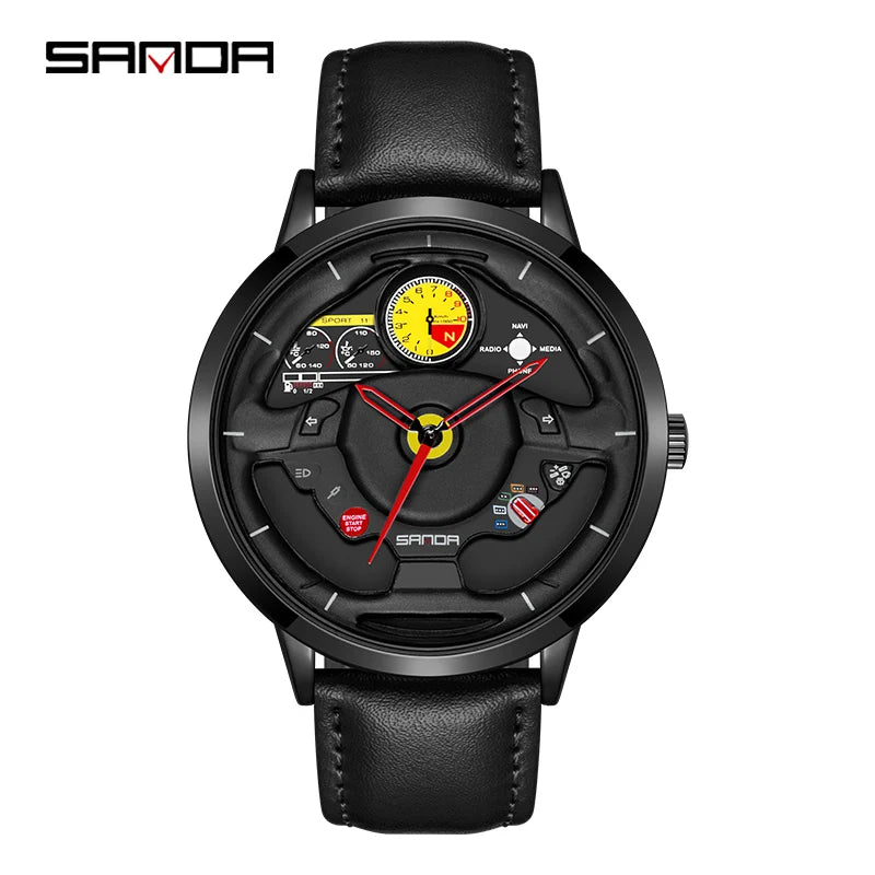 P1085 Fashion Men'S Watch Innovative Skeleton Car Steering Wheel Waterproof Stainless Steel Chronograph Quartz Wristwatch