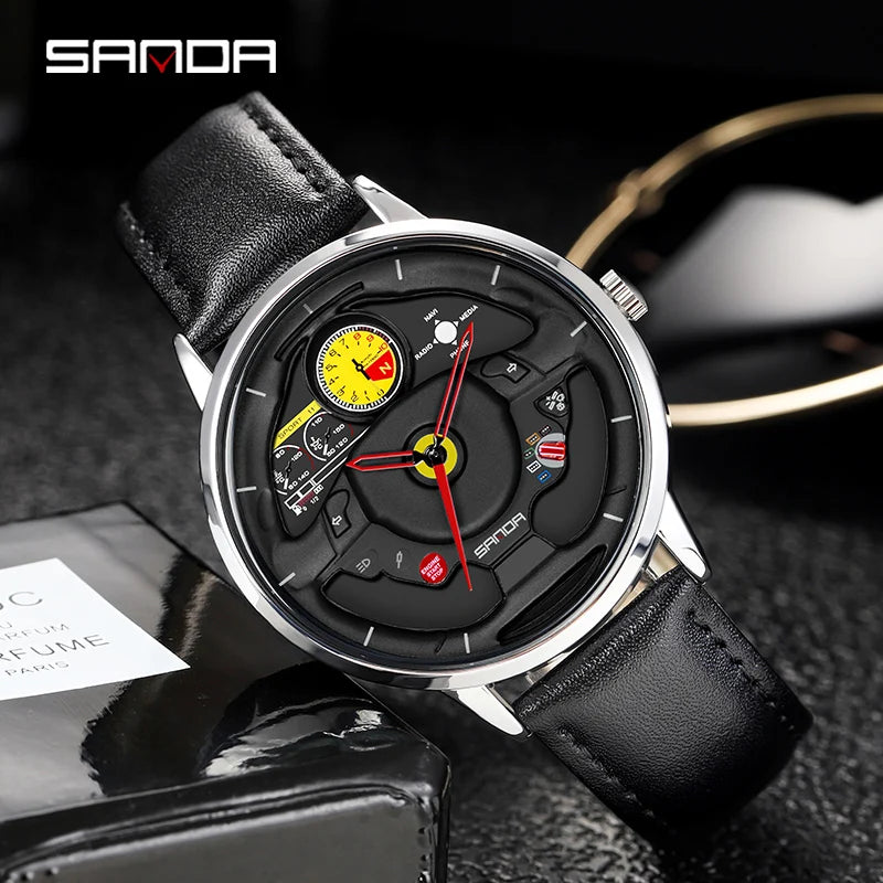 P1085 Fashion Men'S Watch Innovative Skeleton Car Steering Wheel Waterproof Stainless Steel Chronograph Quartz Wristwatch